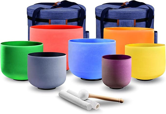 KRESEC 432Hz 6-12 Inch Crystal Singing Bowls Set of 7 – Multicolored Quartz Chakra Tuned Sound Healing Bowls for Meditation, Yoga & Reiki with Padded Cases, Suede Mallets & Silicone O-Rings - Bloomnest