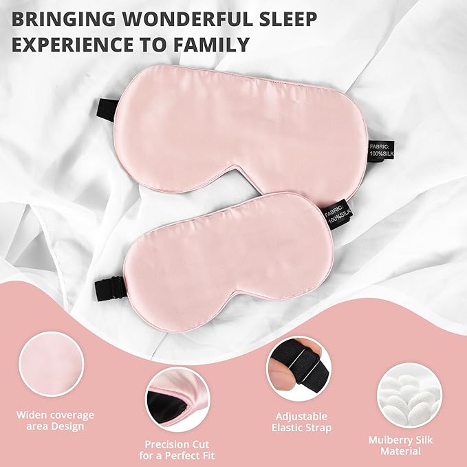 Silk Sleep Mask Eye Cover, 100% Real Natural Silk Eye Mask for Sleeping with Adjustable Strap, 100% Silk Filling Blindfold, Eye Shade for Kids/Teens/Adults, Sleeping Masks for Family (2 Pink) - Bloomnest