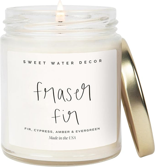 Sweet Water Decor Fraser Fir Candle - Evergreen, Cedar, Winter Holiday Scented Soy Christmas Candles for Home - 9oz Clear Jar, 40 Hour Burn Time, Made in The USA - Bloomnest