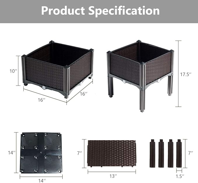 S AFSTAR Raised Garden Bed Kit, Set of 4, Elevated Planter Boxes with Self-Watering Design & Removable Legs, Outdoor Plastic Planter Box for Patio Yard Balcony Gardening, Rattan Pattern (Brown) - Bloomnest
