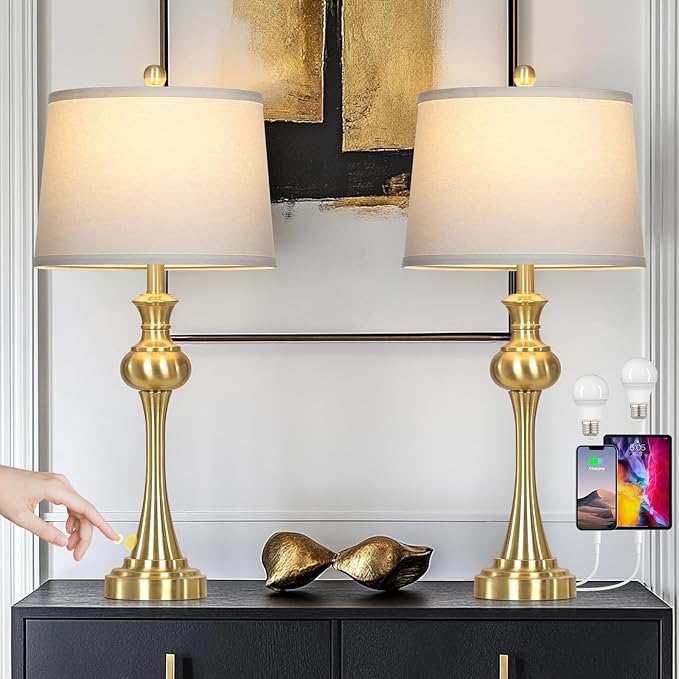 28.75" Modern Table Lamps Set of 2, Gold Bedside Lamp with USB A+C & AC Outlet,Brass Unique Desk Lamps for Living Room, Bedroom, Nightstand, End Table (2 Bulbs Included) - Bloomnest