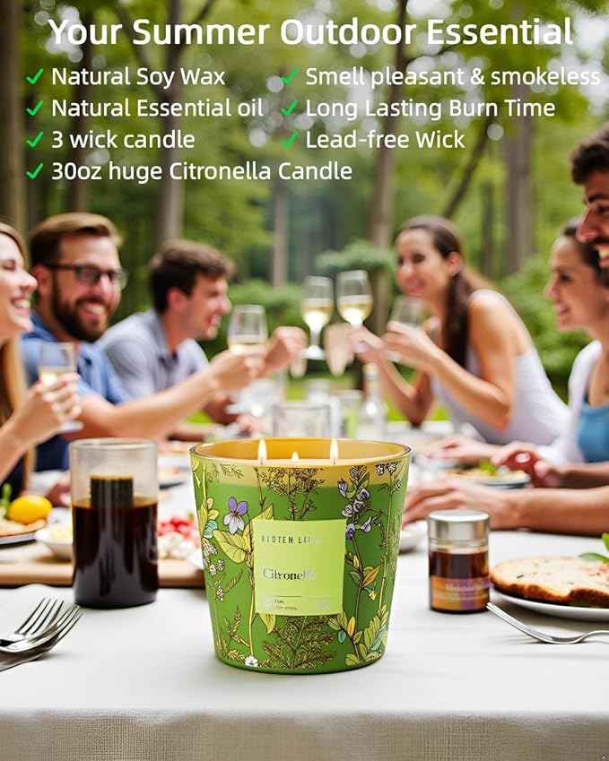 Citronella Candles Outdoor Large, 3-Wick / 30oz Large Soy Candle, Long Lasting Highly Scented,Candle for Patio, Garden & Camping, Summer Camping Huge. - Bloomnest