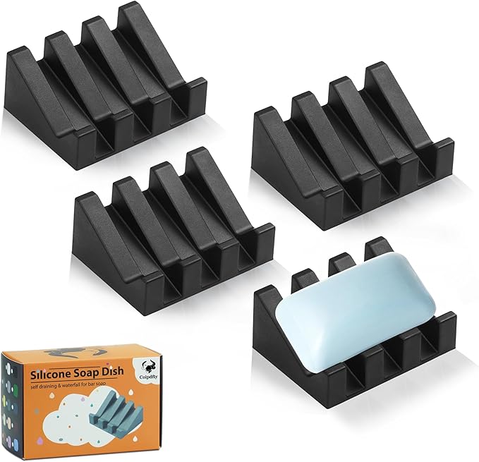 Self Draining Soap Dish Holder,Silicone Soap Dish,for Bathroom,Kitchen, Sponges，Can Extend Soap Life，Keep Soap Bars Dry and Easy Cleaning (Black,4-Pack) - Bloomnest
