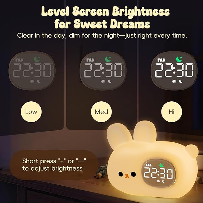 Bunny Alarm Clock with Night Light for Kids with Sleep Training and Sound Machine, Rechargeable Silicone Lamp OK to Wake Clock，Cute Animal Tabletop Lamp, Perfect Sleep Companion for Boys Girls - Bloomnest