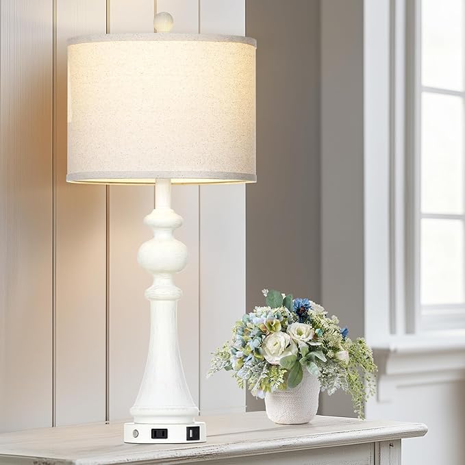 28" Farmhouse Table Lamp with USB A+C Fast Ports & AC Outlets, Vintage Rustic 3-Way Dimmable Touch Control Table Lamp, Rustic Traditional Bedside Nightstand Lamp for Living Room Bedroom White - Bloomnest