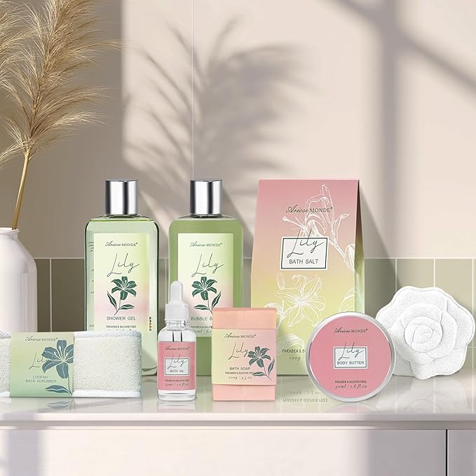 Spa Gift Baskets for Women Bath and Body Gift Set, 9pcs Spa Gifts for Women, Lily Bath Gift Set with Bubble Bath, Body Lotion, Christmas Gifts for Her Relaxing Bath Sets - Bloomnest