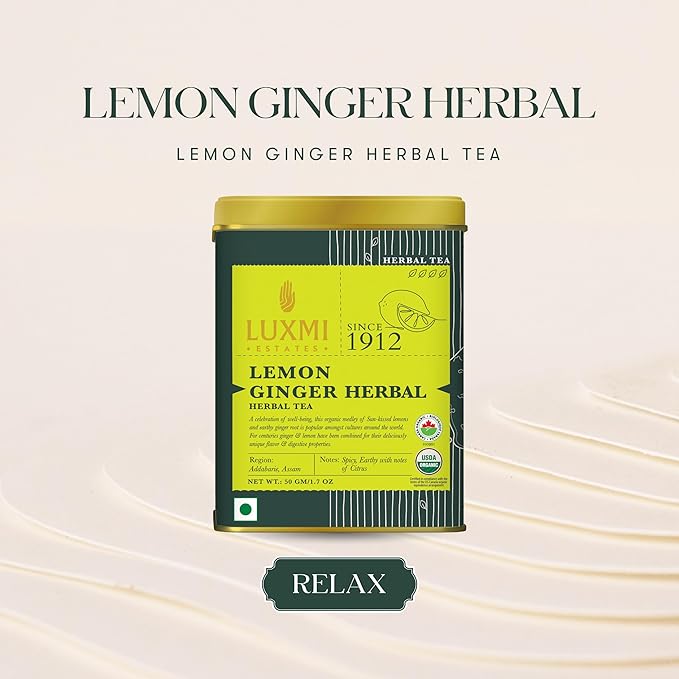 Luxmi Estates Lemon Ginger Root - 50gm Tin Loose Leaf | Certified Organic Herbal Tea | Citrus Flavor & Aroma | Lemon Peel, Ginger, Lemongrass, Licorice - Bloomnest