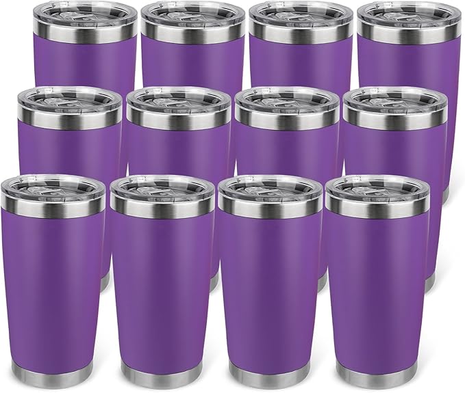 20oz Stainless Steel Tumbler Bulk with Lid, Travel Mug - Double Wall Vacuum Powder Coated Cup - Purple, 12 Pack - Bloomnest