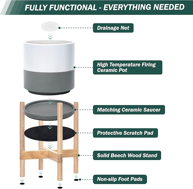 D'vine Dev Ceramic Planter with Natural Stand - 10 Inch Modern Round Flower Pot with Wood Planter Holder, White/Grey, 55-B-K-6 - Bloomnest