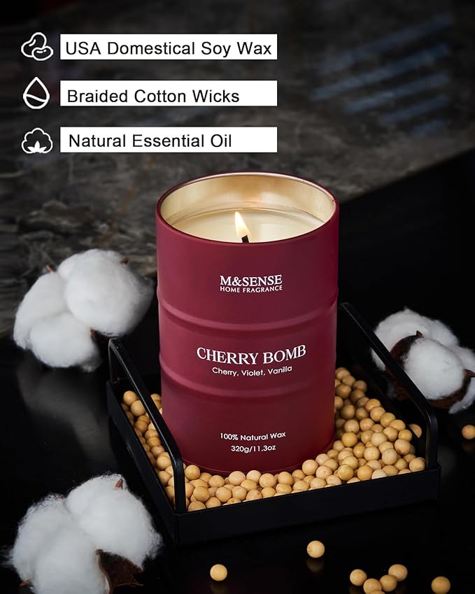 M&SENSE Cherry Bomb Scented Candles, Sweet Candle for Home Scented, Natural Soy Wax Cherry Blossom, Gifts for Women Mom, 11.3 oz 70 Hours Burn - Bloomnest