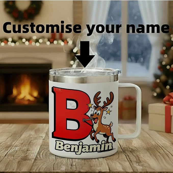 Personalized Christmas Mug with Name Initial - Funny Goofy Reindeer 12oz Insulated Stainless Steel Coffee Cup Tumbler with Handle & Lid - Silly Holiday Xmas Gifts for Kids, Boys, Men, Family (B154) - Bloomnest