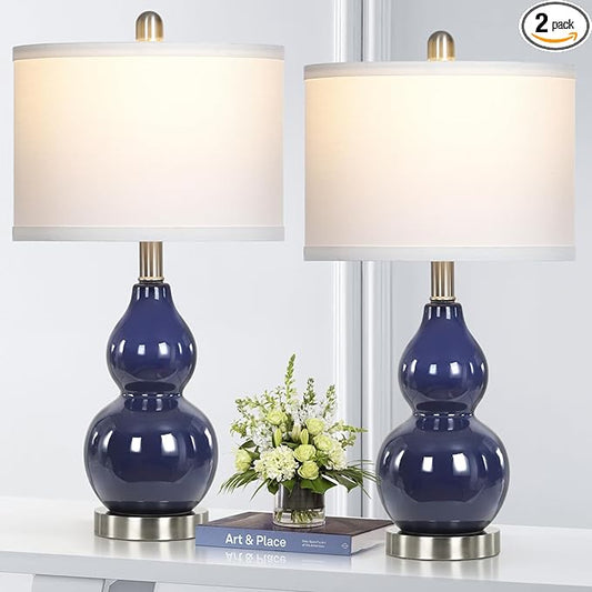 Double Gourd Ceramic Table Lamps Set of 2, Modern Navy Blue Bedside Lamps for Night Stand, Contemporary Nightstand Lamps for Bedroom Living Room (Bulb Included) - Bloomnest