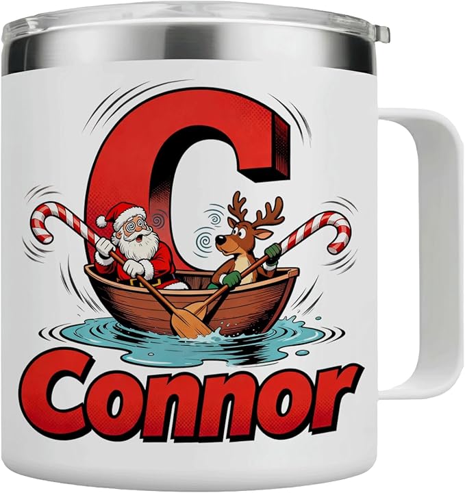 JugJug Personalized Christmas Mug with Initial & Name - Funny Rowing Santa & Reindeer 12oz Insulated Coffee Cup with Lid - Xmas Gifts for Kids, Boys (B156) - Bloomnest