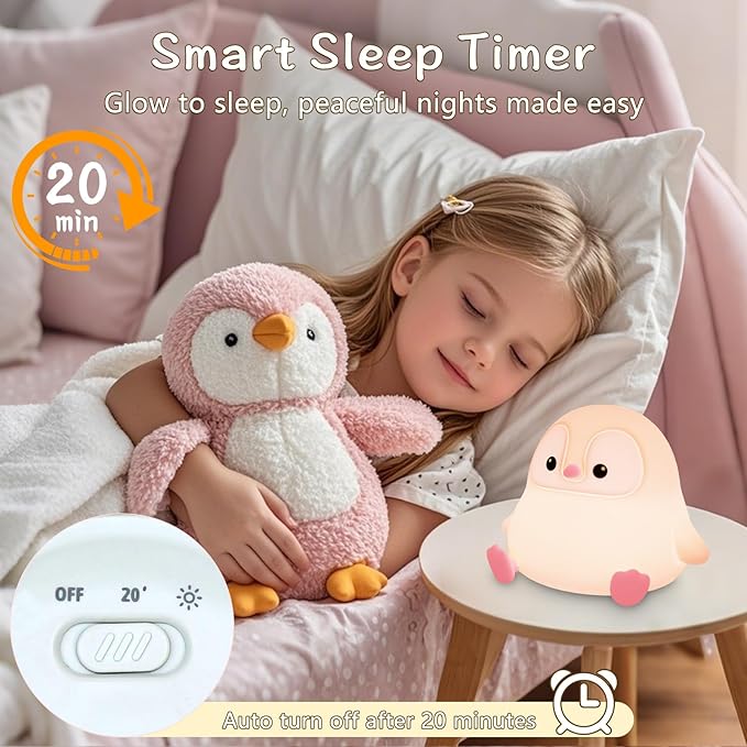 Penguin Night Light for Kids,Cute Pink Penguin Touch Lamp,Soft Silicone Nursery Nightlight,LED Squishy Novelty Animal Bedside Lamp,Rechargeable/Dimmable/Timer Desk Lamp,Kids Room Decor - Bloomnest