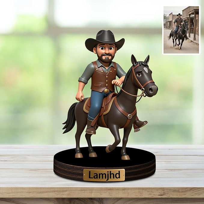 Custom Horse Equestrian Photo Cartoon Style Desk Decor with Wooden Base, Personalzied Horse Lover Cartoon Photo Picture Portrait Sculpture Frame Acrylic Sign Plaque Gifts for Women Men - Bloomnest
