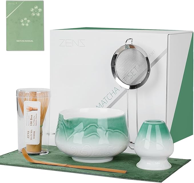ZENS Matcha Whisk Set, 6Pcs Matcha Set Includes Ceramic Bowl, Bamboo Whisk and Chasen Holder,Scoop, 304 Stainless Sifter & Tea Mat, Matcha Kit for Tea Ceremony, Blue - Bloomnest