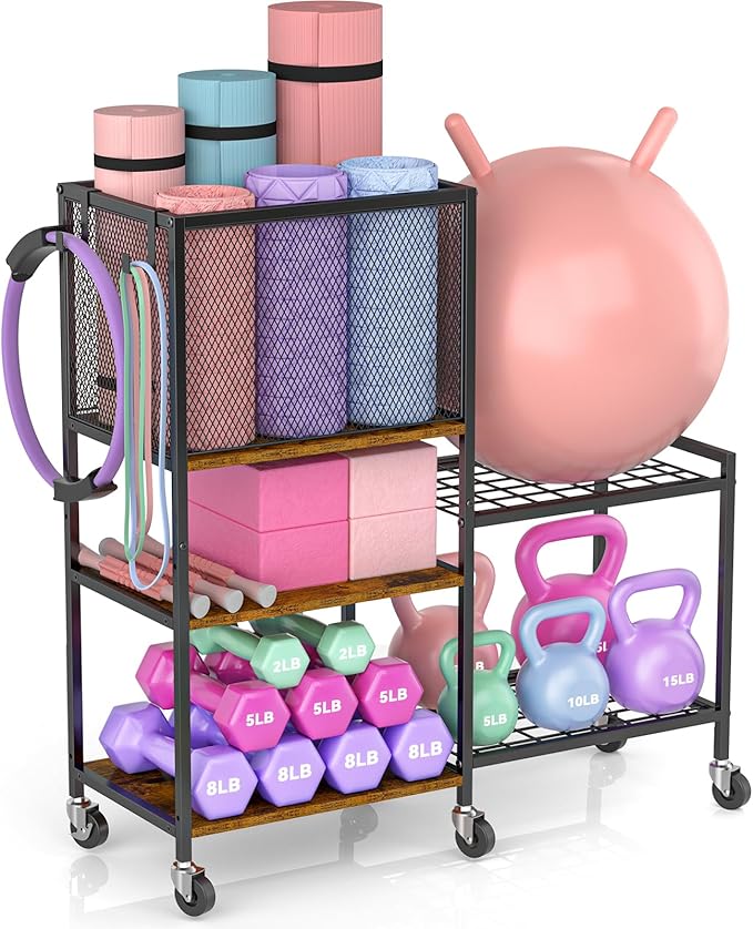 5 Tier Dumbbell Rack, Yoga Mat Storage Holder, Home Gym Storage Rack, Workout Equipment Storage Organizer, Weight Storage Holder Rack with Hooks and Wheels - Bloomnest