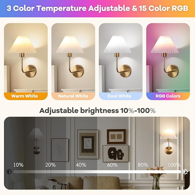 Wireless Wall Sconce Sets of 2, Pleated Shades Rechargeable Battery Operated Wall Sconce, Retro Industrial Gold Wall Lights Bathroom Vanity Sconces, Wall Mounted Lamps for Bedroom Living Room Kitchen - Bloomnest
