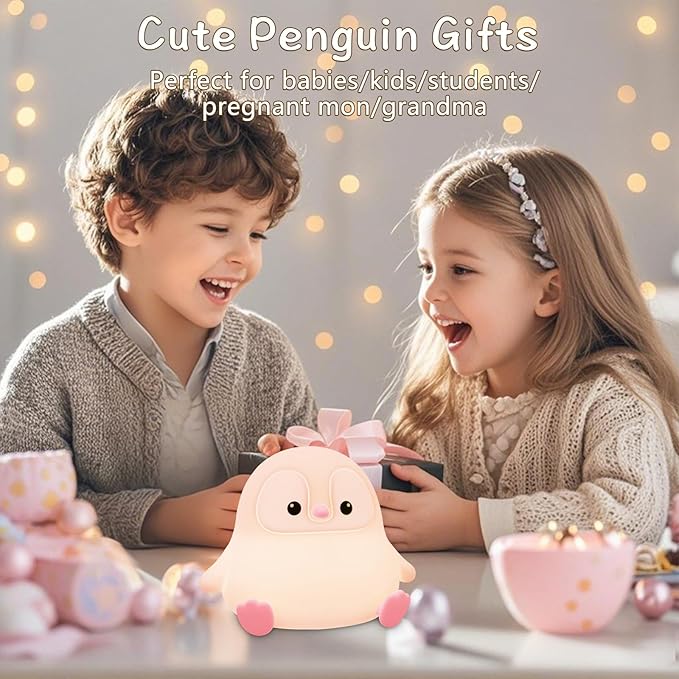 Penguin Night Light for Kids,Cute Pink Penguin Touch Lamp,Soft Silicone Nursery Nightlight,LED Squishy Novelty Animal Bedside Lamp,Rechargeable/Dimmable/Timer Desk Lamp,Kids Room Decor - Bloomnest