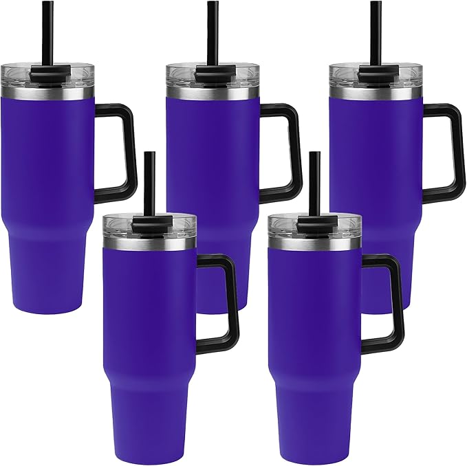 5 Ct of 40 Oz Intrepid Stainless Steel Tumbler with Lid, Straw & Handle – Purple – Customizable 40 Oz Insulated Cups for Water, Coffee, Hot & Iced Drinks – Great for DIY, Events, Work - Bloomnest