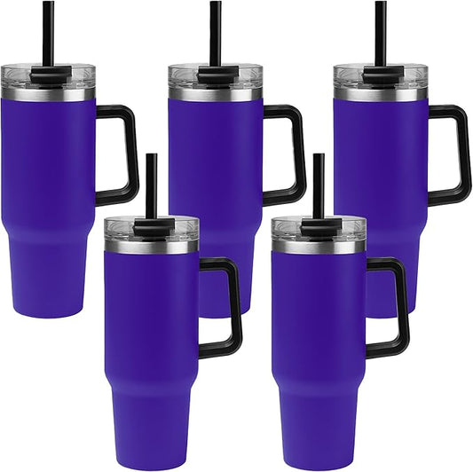5 Ct of 40 Oz Intrepid Stainless Steel Tumbler with Lid, Straw & Handle – Purple – Customizable 40 Oz Insulated Cups for Water, Coffee, Hot & Iced Drinks – Great for DIY, Events, Work - Bloomnest