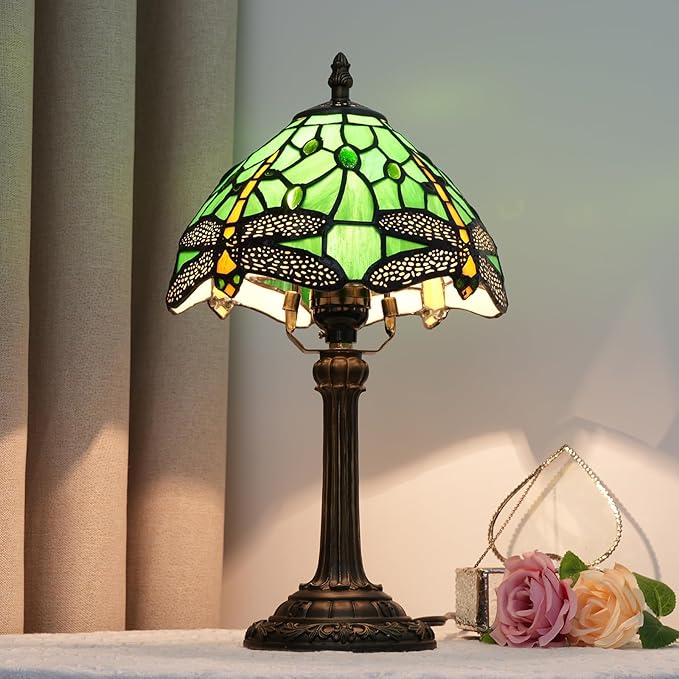 Tiffany Lamp Green Dragonfly Stained Glass Table Lamp 8X8X14 Inches Green Dragonfly Style Desk Reading Light Decor Beside Bedroom Living Room Home (H1057-Green Dragonfly) - Bloomnest