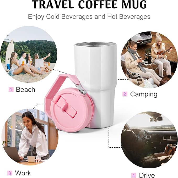 AGH 4 Pack 20 oz Sublimation White Tumblers with Handle & Straw, Double Wall Stainless Steel Vacuum Insulated Cups with Colored Filp Lid, Leak-Proof Travel Mug for Hot/Cold Drinks - Bloomnest