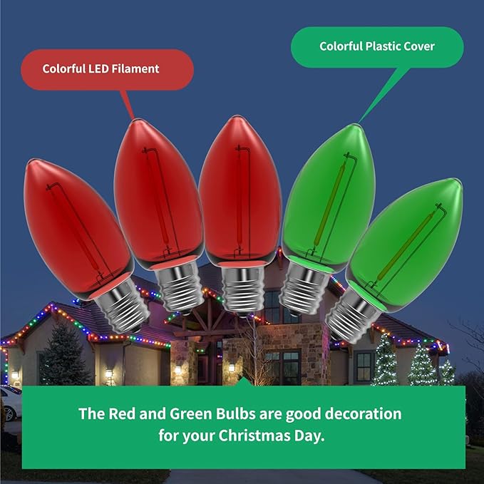 Meconard C9 Led Replacement Christmas Light Bulbs, C9 Shatterproof Led Bulbs for Christmas Indoor Outdoor String Lights, Mini Bulb Intermediate E17 Base Decor Red Light Bulbs Green Light Bulb, 25 Pack - Bloomnest