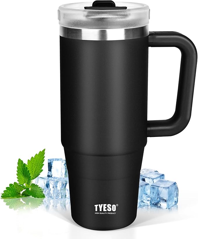 Tyeso 30 oz Tumbler with Handle, Straw and Lid - Leak Resistant Insulated Stainless Steel Water Bottle, Car Cup Holder Friendly Travel Coffee Mug Black - Gifts for Men & Women - Bloomnest