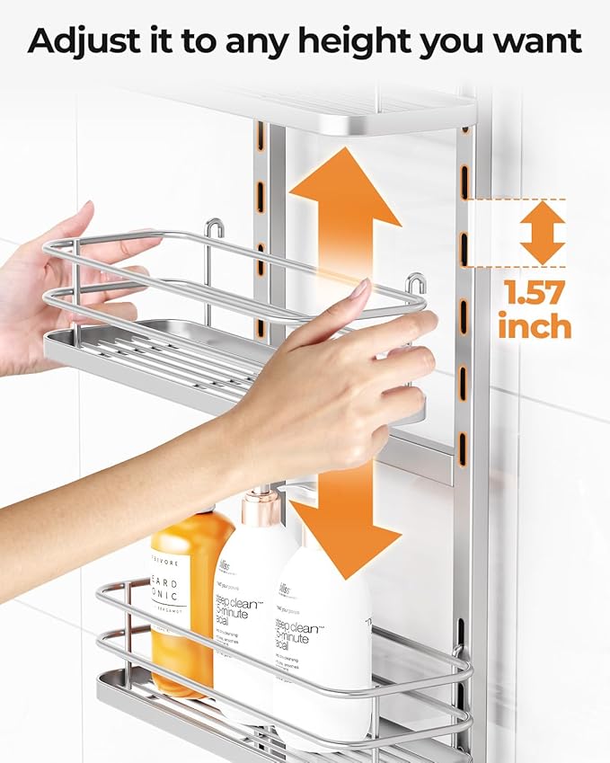 ODesign 3 Tier Height-Adjustable Shower Caddy Hanging Anti-Swing-Over The Shower Head Caddy-Storage Organizer Bathroom Shelves Basket-Silver - Bloomnest