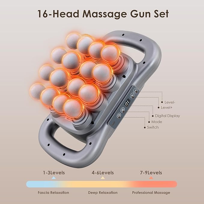 16 Head Massage Gun Set, Deep Tissue Percussion Massager, Electric Massage Tools with 9 Styles & Levels, Dark Grey - Bloomnest