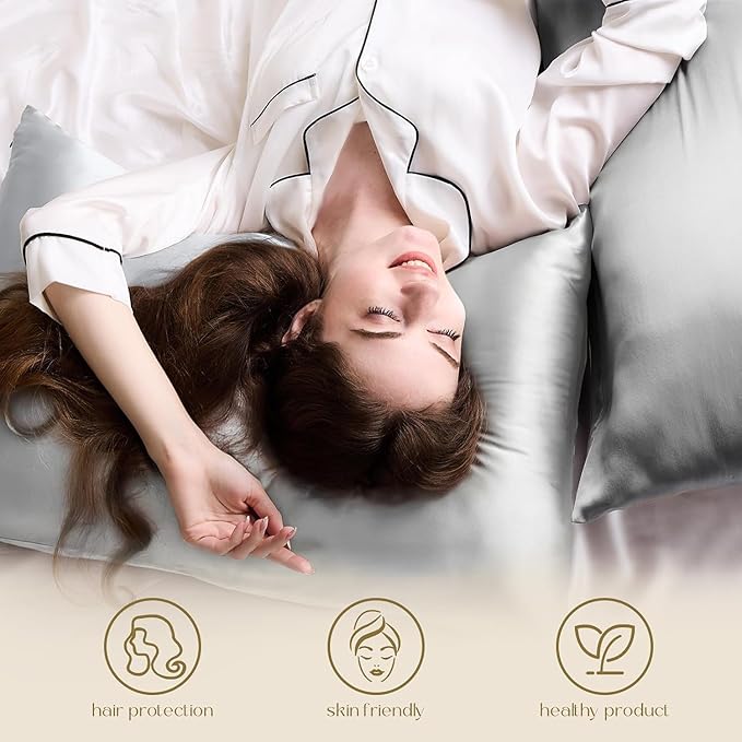 ZIMASILK 100% Pure Mulberry Silk Pillowcase 2 Pack, Soft and Smooth,Both Sides Premium Grade 6A Silk,600 Thread Count,with Hidden Zipper (Queen 20''x30'',Grey) - Bloomnest