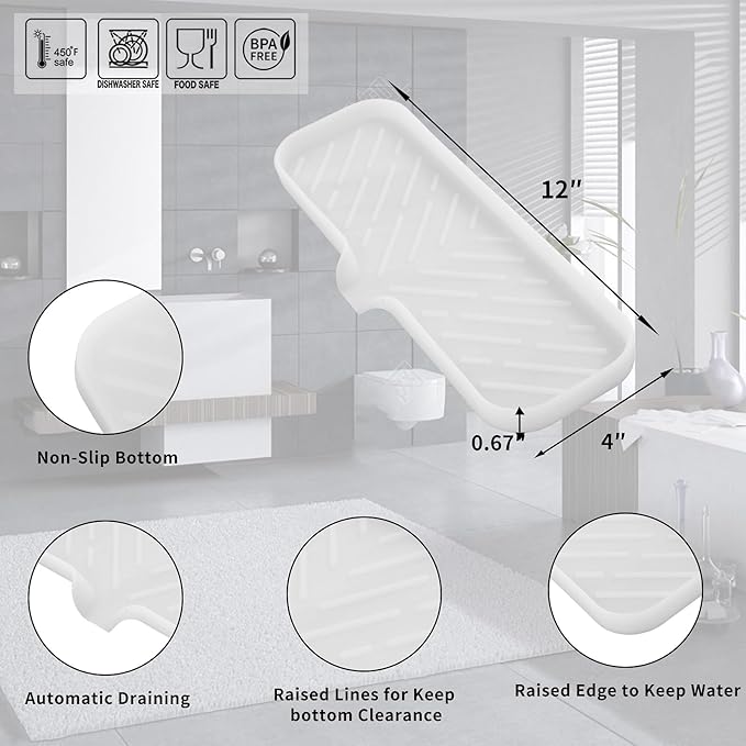 Silicone Bathroom Soap Dishes with Drain Spout-Bathroom and Kitchen Sink Organizer,Sponge Holder,Dish Soap Tray,Perfect for Dispenser,Scrubber,Bottle,Cup on Sink or Counter-Translucent 12"×4" - Bloomnest