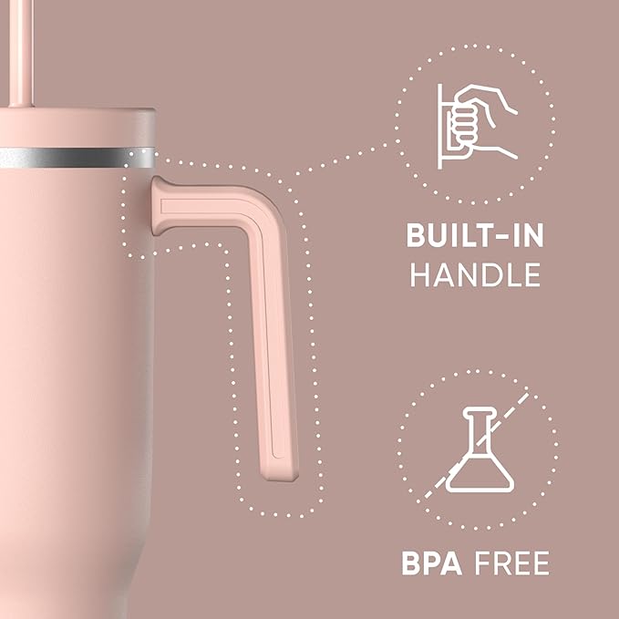 Hydrapeak Voyager 40 Oz Stainless Steel Tumbler with Handle, Insulated Water Bottle With Straw & Lid, Cupholder Friendly Reusable Travel Mug (Peony) - Bloomnest