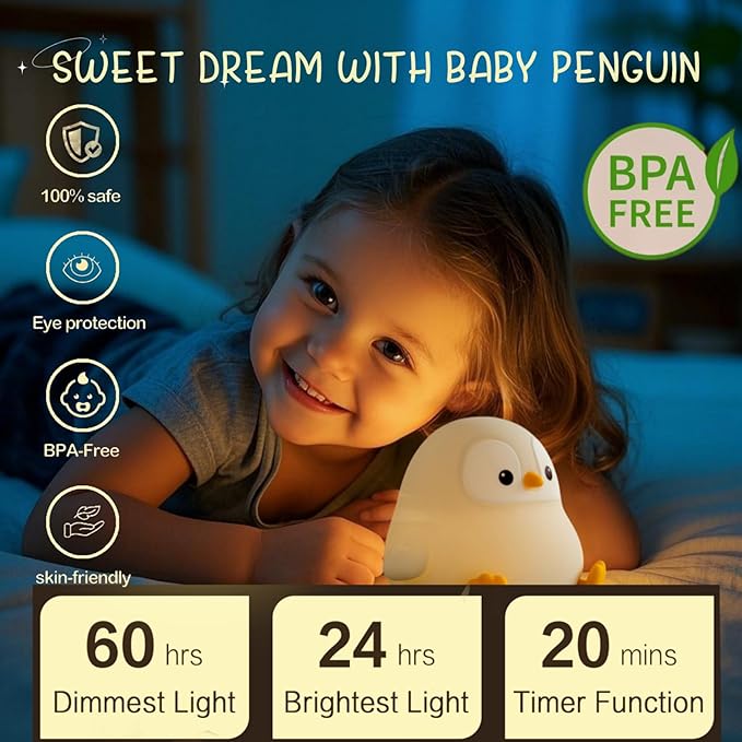 Penguin Cute Night Light for Kids, Squishy Rechargeable Penguin Gifts Lamp, Food Grade Silicone Dimmable Touch Nightlight, Boy Girl Light Up Gray Penguins, Baby Nursery Room Animal Décor - Bloomnest
