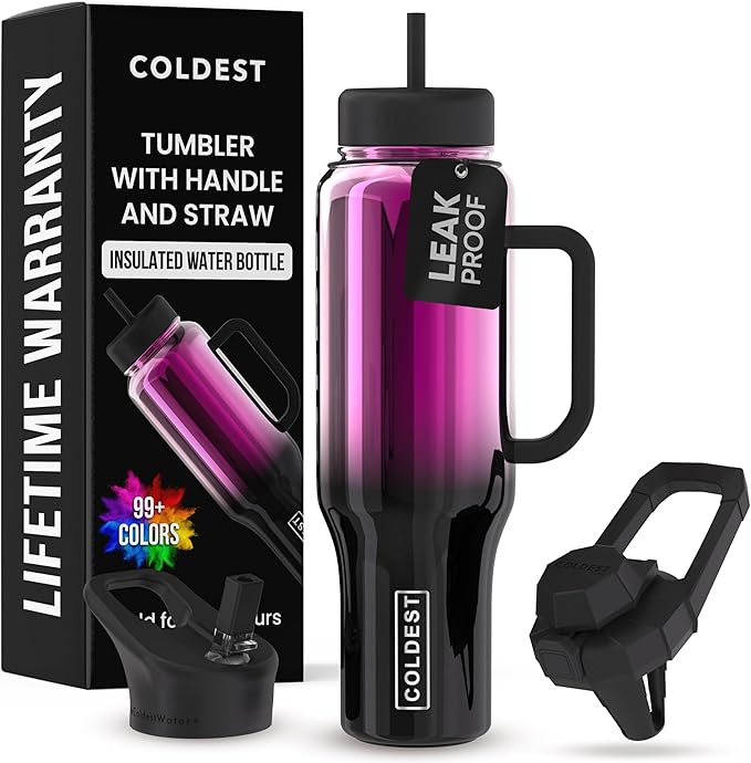 Coldest Tumbler with Handle and Straw - 100% Spill Proof Tumbler with Straw (3 Lids) - Stainless Steel Insulated Leakproof Tumblers for Women & Men - Cup Holder Friendly - 46 oz (Violet Nova) - Bloomnest