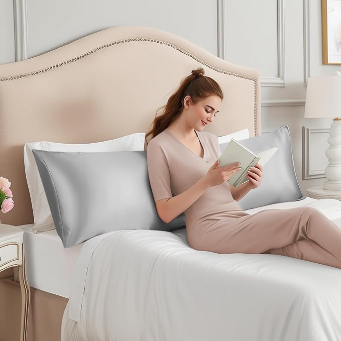 INFIIXSO Body Pillow Cover with Zipper, Luxury Mulberry Silk Body Pillow Case 20x54 Inches, Ultra Smooth and Soft Cooling Long Pillowcase, Gift for Women, Men(Light Grey) - Bloomnest