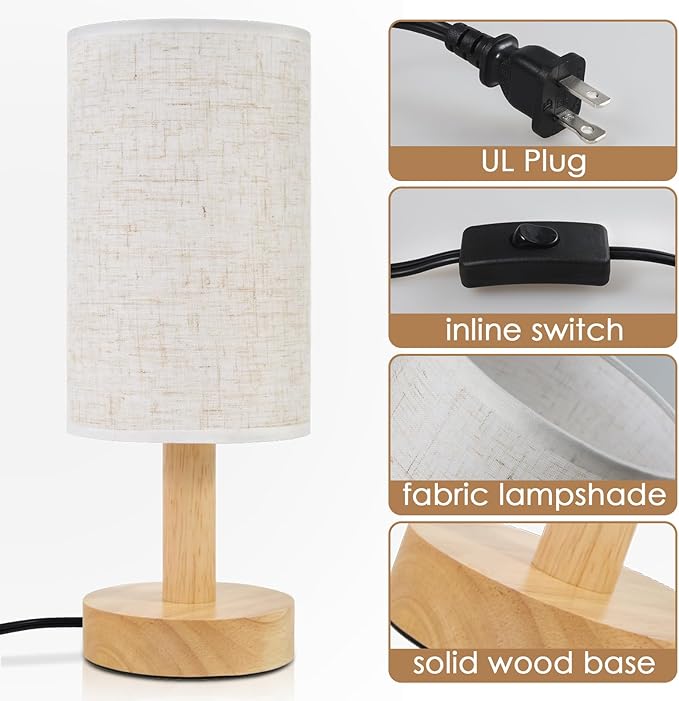 Small Bedside Table Lamp for Bedroom,Natural Round Wood Base&Fabric Linen Shade,Cozy Night Table Light for Study Reading,Minimalist Boho Desk Lamp for Nightstand,Living Room,Nursery,Kitchen,Dorm - Bloomnest