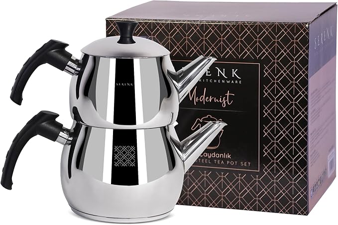 Serenk Modernist Stainless Steel Teapot | 1 L Top, 1.5 L Base, Induction Ready, Mirror Finish, Cool-Touch Handles, Elegant, Durable, Dishwasher Safe - Bloomnest