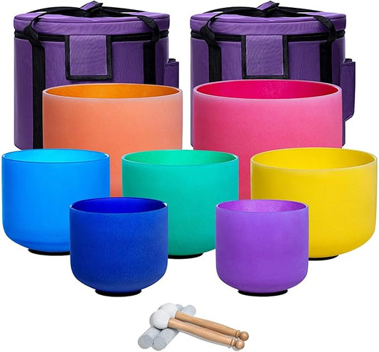 432hz Crystal Singing Bowl Healing 6-12inch Set of 7 Colored for Meditation Yoga Heart Chakra Singing Bowls Heavy Duty Carrying Case Rubber Mallet Suede Striker O ring - Bloomnest