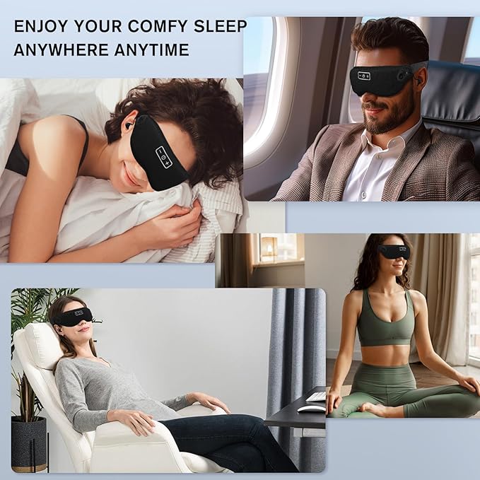 White Noise Sleep Mask, Breathable 3D Soft Eye Mask with Earplugs for Side Sleepers, Blackout 3D Contoured Eye Cover with Adjustable Strap for Women Men, no Bluetooth, no APP(Black) - Bloomnest
