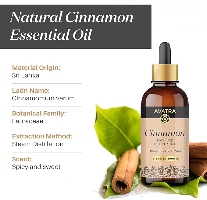Avatra Cinnamon Essential Oil 100ML (3.38 OZ) with Glass Dropper and Travel Bottle, Pure and Natural Therapeutic Grade Cinnamon Oil for Diffuser, Aromatherapy, Massage, and DIY Candle Products - Bloomnest