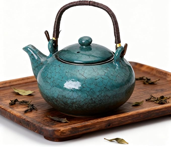 KEYDUACU Japanese Tea Set, Ceramic Tea Set, Plum Blossom Embossed, Teapot, 6 Teacups, Tea Tray, Strainer, Home, Outdoor, Gift, Chinese Kung Fu Tea Set (Pine Green) - Bloomnest