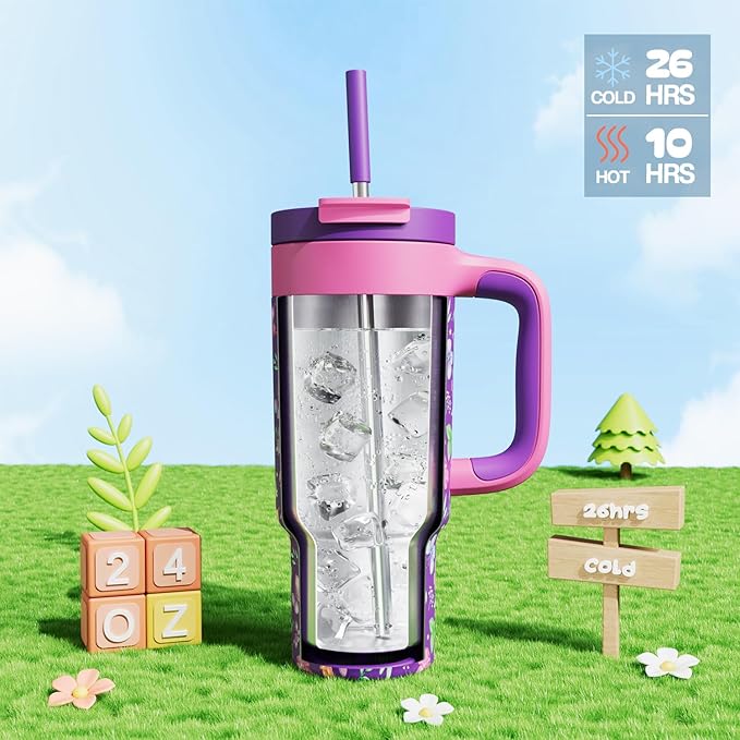 24 oz Insulated Tumbler for Kids: Spill-Proof, 2-in-1 Straw Lid, Cold for 26 Hrs, Stainless Steel Cup with Handle for School, Camping, Gift, Daily, Outdoor, Trip, Travel, Vacation (Butterfly Field) - Bloomnest