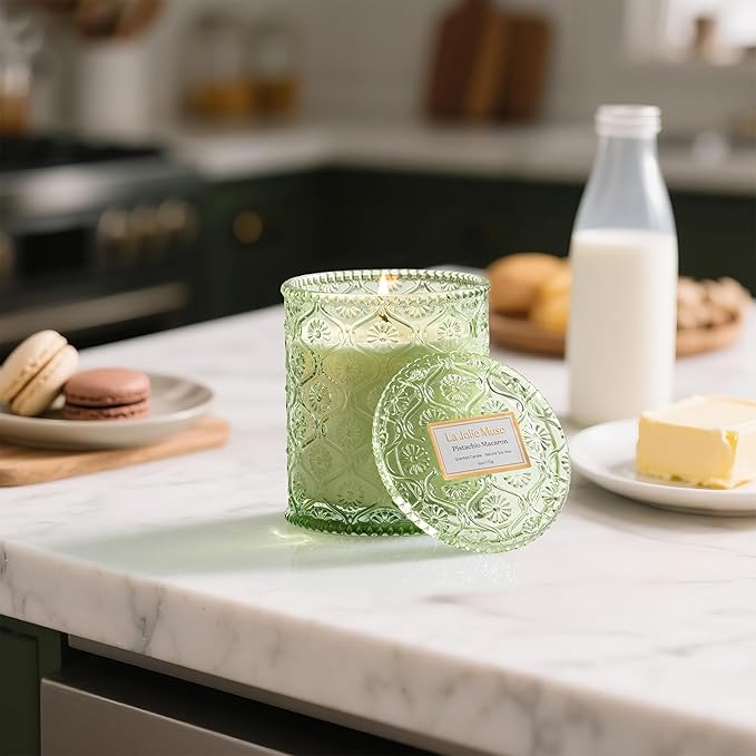 LA JOLIE MUSE Pistachio Macaron Scented Candle –Pistachio, Milk & Vanilla | 6 oz Fall Candle | Natural Soy Wax | 40 Hours Clean Burn | Gift for Dessert Lovers | Seasonal Home Décor - Bloomnest