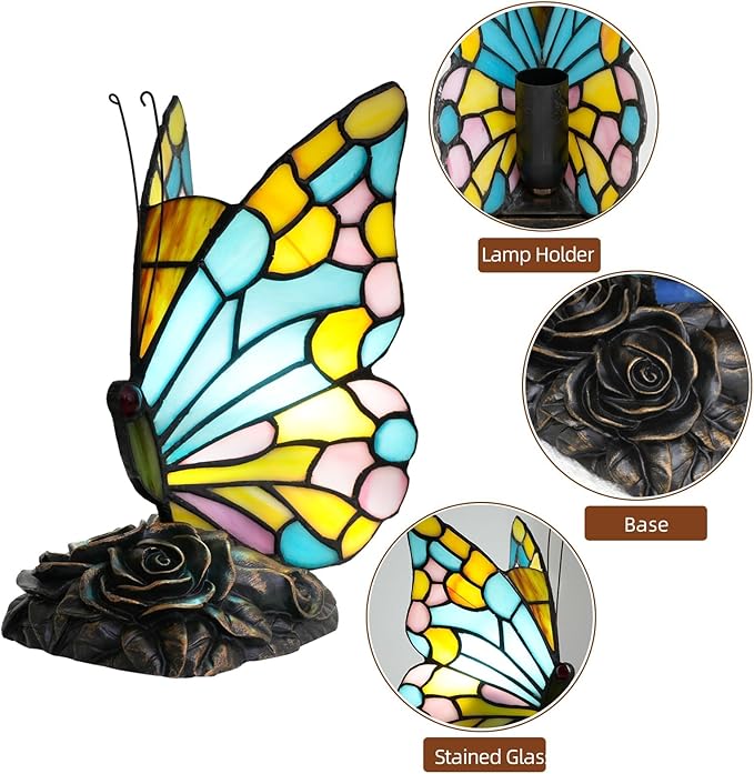Small Tiffany Butterfly Table Lamp for Girls Bedroom Kids Bedside Desk Light Sky Blue Yellow and Pink Stained Glass Lamp Vintage Unique Style Decor Nightstand Accent Night Light Office Mothers Gifts - Bloomnest