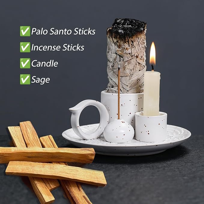 4 in 1 Ceramic Incense Burner Holder with Handle for Burning Sage, Palo Santo Stick, Joss Sticks, Candle in Your New House, Office, Yoga, Meditation Room (White) - Bloomnest