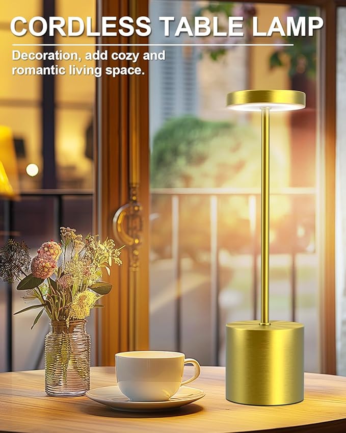 Cordless Table Lamps Rechargeable Set of 2, Portable LED Desk Lamp, 5000mAh Battery Powered Wireless Table Light - 3 Color Dimmable Lighting for Restaurant Dining Patio Outdoor Bedroom(Gold) - Bloomnest
