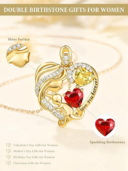 14K Gold Double Birthstone Heart Necklace for Women Mom, Mother Son/Daughter Pendant Necklace for Christmas Mother's Day Birthday Gifts for Wife Daughter Grandmom - Bloomnest