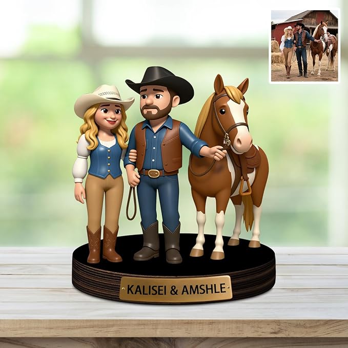 Custom Horse Equestrian Photo Cartoon Style Desk Decor with Wooden Base, Personalzied Horse Lover Cartoon Photo Picture Portrait Sculpture Frame Acrylic Sign Plaque Gifts for Women Men - Bloomnest